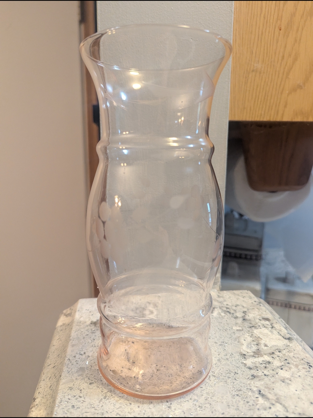 Vintage 30s Pink Depression Glass Etched Floral Tumble Carafe Vase